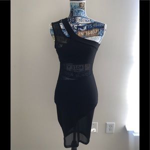 One Shoulder Sexy Black Dress w/Mesh Cutouts: Sm